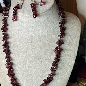 Garnet chip Necklace and Earring and bracelet Set